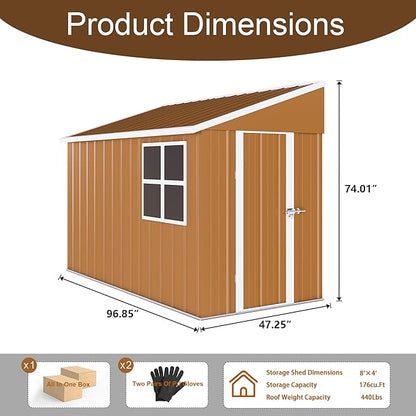 8x4 FT Outdoor Storage Shed, Metal Shed with Floor, Lockable Door, Sloping Roof, All-Weather Lean to Resin Shed for Garden, Backyard, Patio, Lawn (Khaki)