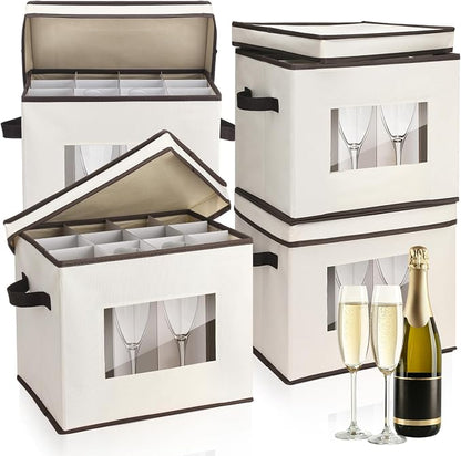 Uiifan 4 Pcs Champagne Flute Storage Box with Dividers 12 Compartment Stemware Storage Cases China Container Box with Lid, Handles, PVC Window for Moving, Beige