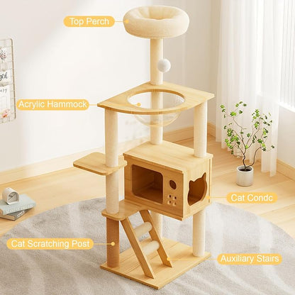 Modern Cat Tower, Wood Cat Tree Tower for Indoor Cats, Cat Tree with Sisal-Covered Scratching Posts and Soft Top Perch, 48.8'' Cat Condo with Acrylic Hammock for Small Large Cats