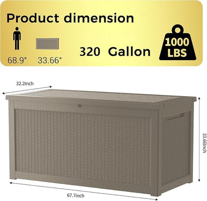 320 Gallon Outdoor Storage Box Patio Deck Box Waterproof, Resin Lockable Outside Large Storage Bin for Pool Cushion Furniture, Garden Tools UV-Resistant, Grey