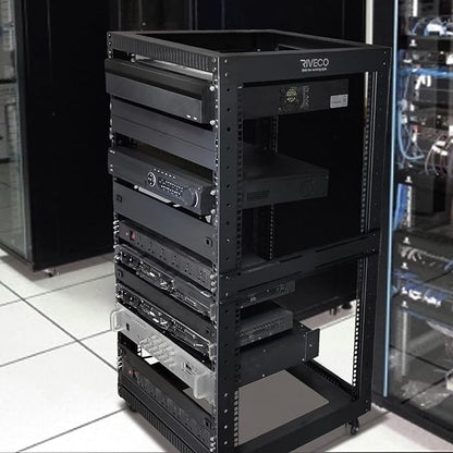 RIVECO 22U Open Frame Server Rack with Wheels- Heavy Duty 4 Post Quick Assembly 19-inch, Stereo Rack Rolling Network Shelf Black