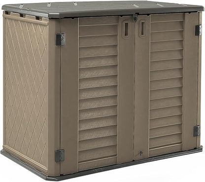 HOMSPARK Storage Shed Weather Resistance, Multi-Purpose Outdoor Storage Cabinet for Backyards and Patios, Horizontal Storage Shed for Lawnmower, Patio Accessories (Coffee, Large - 26 cu.ft)