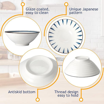 Geiserailie 40oz Ceramic Japanese Ramen Bowls Set of 4, 8 Inch Deep Asian Pho Udon Soup Noodle Bowls with Chopsticks, Spoons & Chopstick Rest -Microwave & Dishwasher Safe(Retro Style)