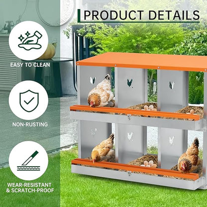 Chicken Nesting Boxes, 8 Hole Chicken Boxes for Laying Eggs with Lid, Metal Nesting Boxes for Chickens with Swing Perch and Roll Away Egg Collection for Chicken Coop, 1 Layer 3 compartments