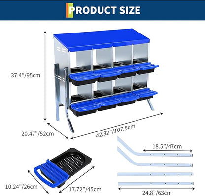 Chicken Nesting Box, 8 Compartment Roll Away Egg Laying Box for Hens, Wall Mounted & Freestanding (2 Modes of Use), Easy Egg Collection, Cleanable Pull Out Nesting Box, Blu, WL