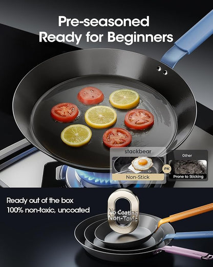Carbon Steel Frying Pan Set, 10 & 12 Inch Nitrided Skillets | Multiple Cooking Sizes with Natural Patina Development; Ideal for Daily Cooking & High-heat Recipes