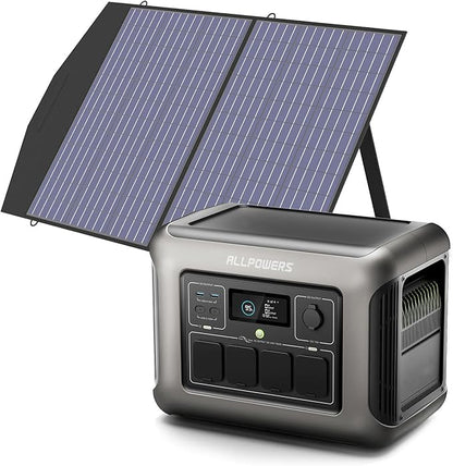 ALLPOWERS R1500 LITE 1600W/1056Wh & 3500+ Cycle LiFePO4 Battery with 4xAC Outlets, 650W MPPT, and UPS <15ms for Home, RV, Outdoor. (R1500 LITE+SP027-100W)