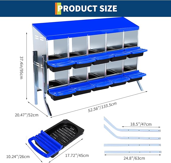 10-Compartments Chicken Nesting Boxes with Roll Out Egg Collection and Large Vented Holes,Metal Nesting Boxes for Chickens, Hens, Ducks,Wall Mount/Freestanding Poultry,Blue