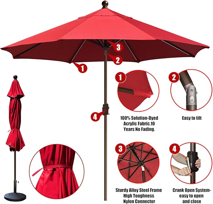 EliteShade USA 10-Year-Non-Fading 10Ft Market Umbrella Patio Umbrella Outdoor Table Umbrella with Ventilation, Logo Red