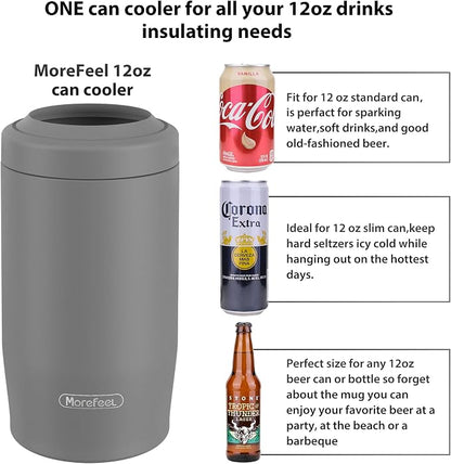 Morefeel 4-in-1 Insulated Can Cooler for 12 oz Cans & Bottles | 304 Stainless Steel Can Holder Fits 12 Oz Slim Cans, Standard Cans, Beer Bottles & Works as A Open Cup; Dishwasher Safe