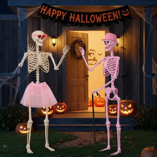 Tellingyou 6 Pcs Halloween Skeleton Decorations, Include 2 Pcs 5.4 ft Pink White Posable Life Size Skeletons, 1 Cane, 1 Tulle Skirt, 1 Hat, 1 Pink Glasses for Halloween Graveyard Haunted Decor