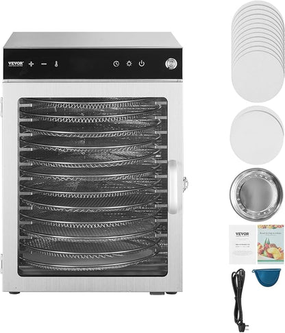 VEVOR Food Dehydrator Machine, Rotary 12 Stainless Steel Trays, 800W Electric Food Dryer with Adjustable Temp & 24-Hour Timer, Food-Dehydrator for Jerky, Meat, Fruit, Vegetables, Herbs, Dog Treats