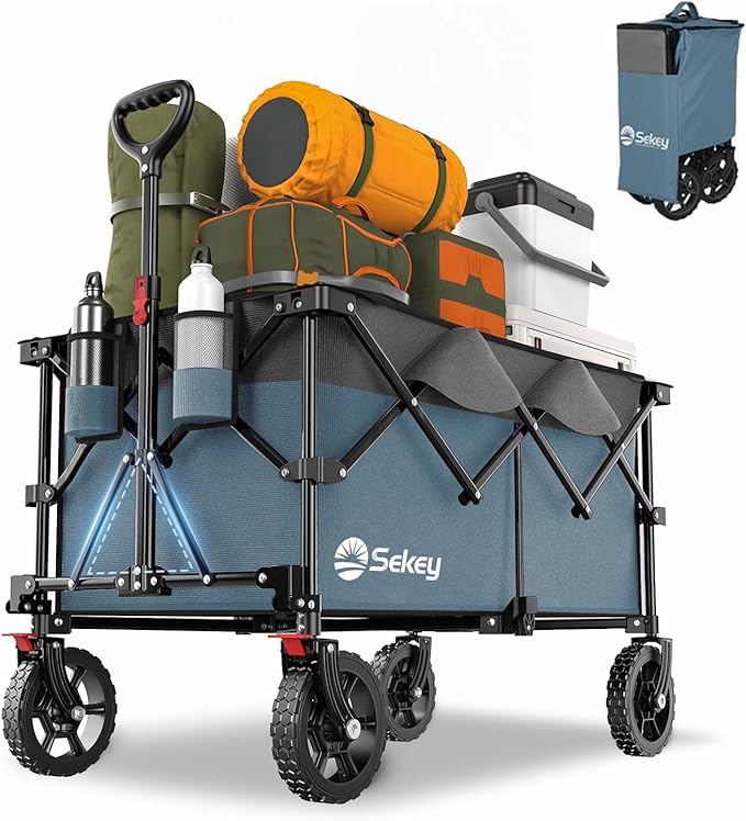 Sekey 220L Collapsible Foldable Wagon with 330lbs Weight Capacity, Heavy Duty Folding Wagon Cart with Big All-Terrain Wheels & Drink Holders (Blue&Grey)