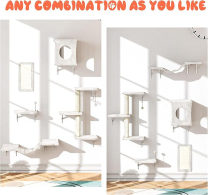 NUNU LAB Cat Wall Shelves Set, 5 Pcs Wall-Mounted Cat Climber with Cat House, Bridge, Scratching Post, Hammock, Wall Shelves, Beige