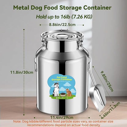Newget 16lb Stainless Steel Dog Food Storage Container, Metal Pet Storage Container with Airtight Hangable Lid to Keep Food Fresh, Large Cat Food Storage Container with Scoop to Easily Clean