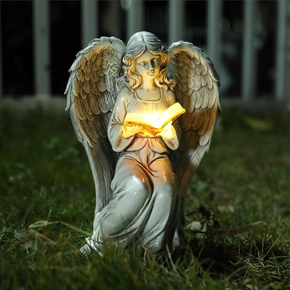 Angel Statue Outdoor Decor, Elegant Angel Garden Statues Reading Book with Solar LED Lights Yard Decorations Lawn Ornaments Figurines Resin Sculpture for Outside, Angel Gardening Gifts