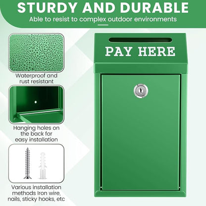Yaocom Safe Metal Cash Box for Farm Stand – Money Drop and Secure Donation Collection, Wall Mount Lockable Unit with Pre Drilled Holes for Outdoor Self Serve(Green,10.2 x 5.7 x 2.8 Inch)