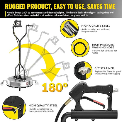 Doniks 24 Inch Pressure Washer Surface Cleaner with 4 Wheels,Dual Handle,Stainless Steel Housing,4500 PSI Power Washer Accessory for Concrete, Patio, Sidewalk, Deck, Driveways and Daily Washing
