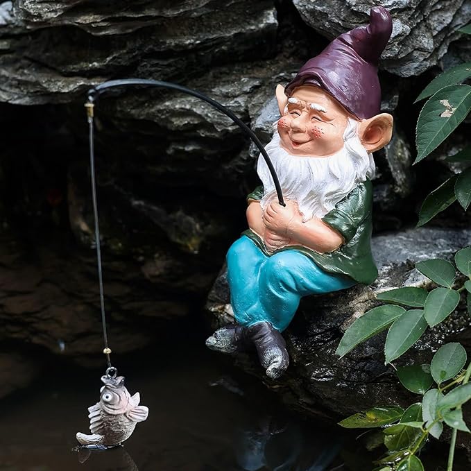 Garden Gnomes Outdoor Statue, Gnome Decorations for Yard 9.7'' Fishing Gnome Statue Outdoor Garden Decor, Fishing Guy for Waterfalls or Koi Pond Decor, Gifts for Women, Mom or Birthdays