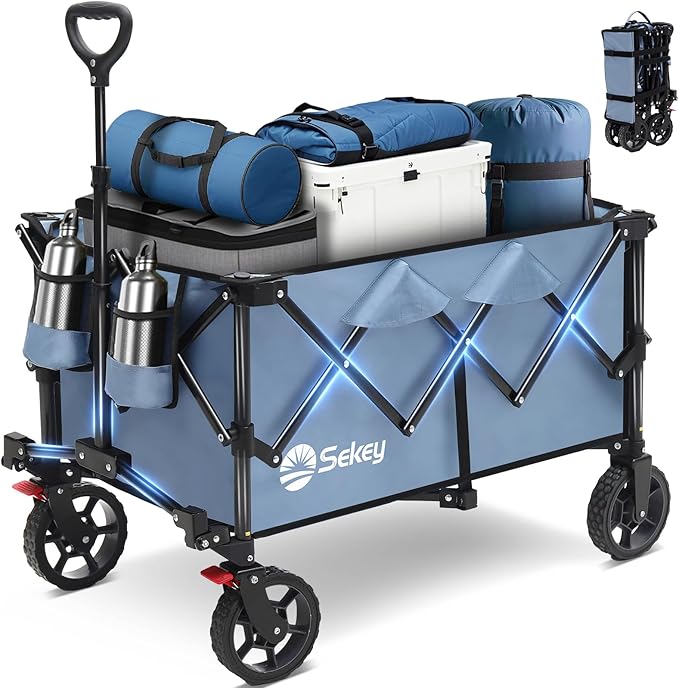 Sekey Collapsible Foldable Wagon with 330lbs Weight Capacity, Heavy Duty Folding Wagon Cart with Big All-Terrain Wheels & Drink Holders. Blue