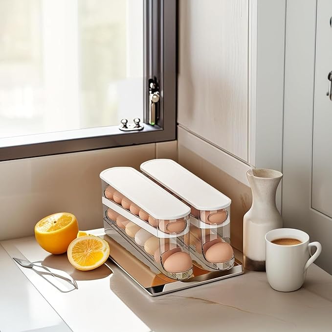Auto Rolling Egg Holder for Fridge, Space Saving Eggs Dispenser, Sturdy and Durable Egg Traywith Lid, Stackable Fridge Container and Storage for 14 Large Eggs(2PCS)