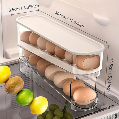 Auto Rolling Egg Holder for Fridge, Space Saving Eggs Dispenser, Sturdy and Durable Egg Traywith Lid, Stackable Fridge Container and Storage for 14 Large Eggs(2PCS)