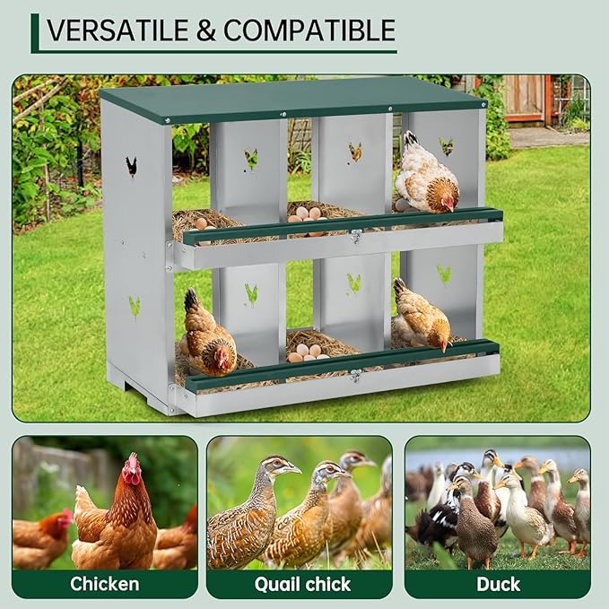 Chicken Nesting Boxes, 4-Hole Nesting Boxes for Chicken Coop with Lid, Metal Laying Boxes for Hens with Swing Perch and Roll Away Egg Collection for Chicken Coop, Double Layer 4 Compartments