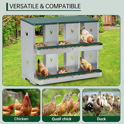 Chicken Nesting Boxes, 4-Hole Nesting Boxes for Chicken Coop with Lid, Metal Laying Boxes for Hens with Swing Perch and Roll Away Egg Collection for Chicken Coop, Double Layer 4 Compartments