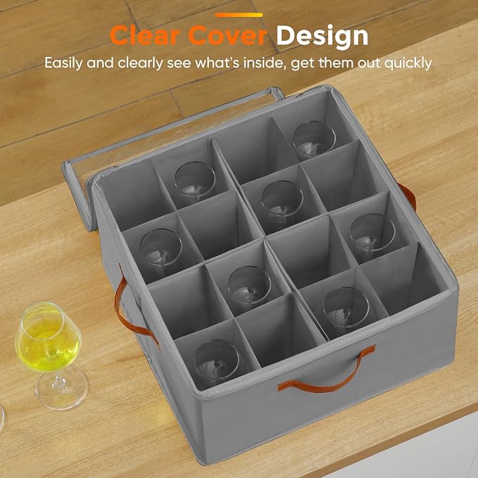 Foyego Wine Glass Storage Box, Gray | 16 Adjustable Dividers, Hard Shell, Stackable China Storage Containers Holds Stemware, Glassware, Crystal for Packing&Moving