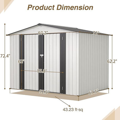 8x6 FT Outdoor Storage Shed W/ 2 Lockable Hinged Doors,Metal Shed W/Sloped Roof & 4 Air Vents,Garden Tool House W/Updated Frame Structure,for Backyard Patio Lawn,White
