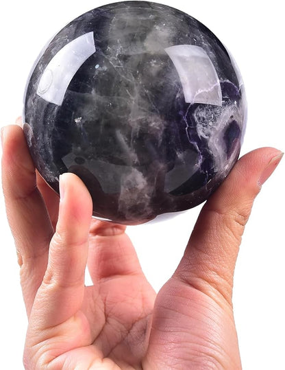 JIC Gem Natural Colorful Fluorite Crystal Sphere with Wooden Stand,Decorative Crystal Ball Fluorite Gemstone Sphere for Meditation,Feng Shui,Witch-Style Decor,Table 80-90mm