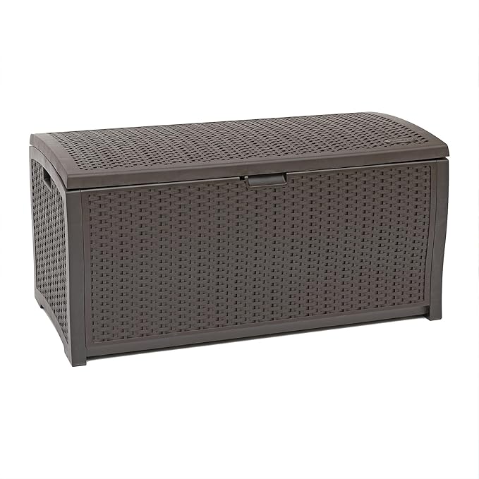 Suncast DBW9200 99 Gallon Outdoor Wicker Plastic Patio Storage Chest Bin with Handles for Patio, Garden, Garage, or Pool for All Weather, Mocha