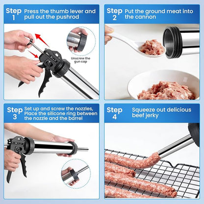 2.1 LB Professional 304 Stainless Steel Jerky Gun Kits, Sausage Stuffer, Jerky Maker, Jerky Shooter, Beef Jerky Making Gun with 5 Nozzles, 1 meat pusher and 5 Cleaning Brushes