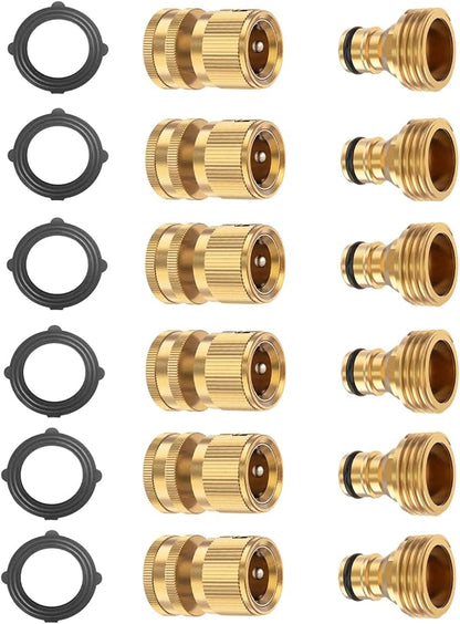 BoArt Garden Hose Quick Connector Set, Solid Brass 3/4 Inch Water Fitings Thread Easy Connect No-Leak Male Female 6 Sets