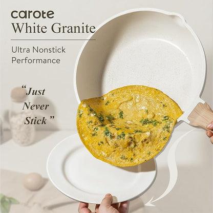 CAROTE 12 Inch Nonstick Deep Frying Pan with Lid, 5.5 Qt White Granite | Kitchen Non-Toxic PFOA Free Cookware, Covered Sauté Pan All Stovetops Compatible, Easy to Clean