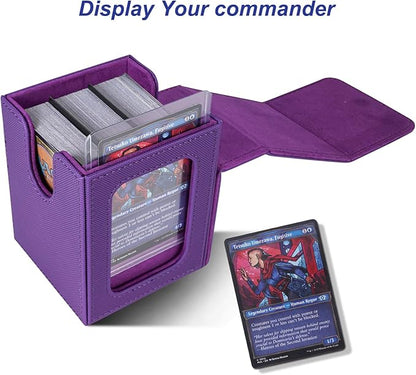 AFIING MTG Deck Box for Commander Display,Card Deck case Fits 100 Double Sleeved Cards, Magic Commander TCG Card Storage Box with 2 Dividers,Dice Bag and 1 Toploader(Purple)