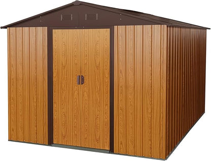 8x10 FT Outdoor Storage Shed, Metal Garden Shed with Frame Floor, Outside Tool Shed with Lockable Sliding Doors, Waterproof Storage Building with Sloped Roof for Backyard, Patio, Lawn, Coffee