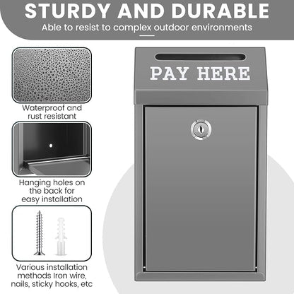 Yaocom Safe Metal Cash Box for Farm Stand – Money Drop and Secure Donation Collection, Wall Mount Lockable Unit with Pre Drilled Holes for Outdoor Self Serve(Grey,10.2 x 5.7 x 2.8 Inch)
