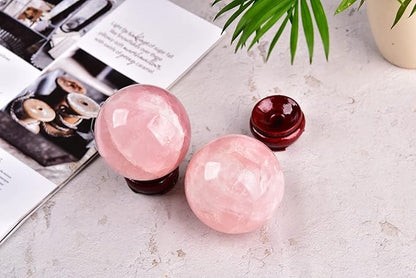 JIC Gem 2.9 Inch Natural Pink Rose Quartz Magic Crystal Healing Ball Ornament Sphere with Wood Stand for Decoration,Meditation, Scrying Mirror,Feng Shui.