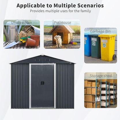 4x8 FT Outdoor Storage Shed, Metal Garden Shed with Frame Floor, Outside Tool Shed with Lockable Sliding Doors, Waterproof Storage Building with Sloped Roof for Backyard, Patio, Lawn, Black