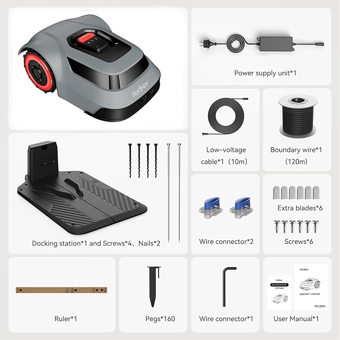 Redkey MGC500 Robot Lawn Mower with 393ft Boundary Wires for 0.12 Acre (1/8 Acre), 45% Slope, 70Mins Runtime, Auto Recharge, Automatic Robotic Lawn Mower w/Precise Location & Breakpoint Detection