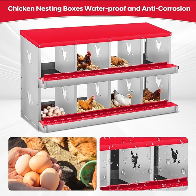 Nesting Boxes for Chickens, 8 Compartments, Nesting Boxes with 4 Dummy Eggs and 10 Dampproof Pets Mats, Red, Stainless Steel, Wall-Mountable & Roll Away Design