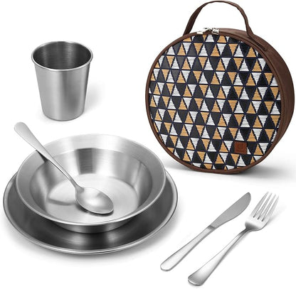 Odoland Stainless Steel Camping Mess Kit for Family & Person | Cooking Tableware Utensils with Plates Bowls Forks Spoons Knives & Savings Bag for Camping, Backpacking, Hiking, Picnic
