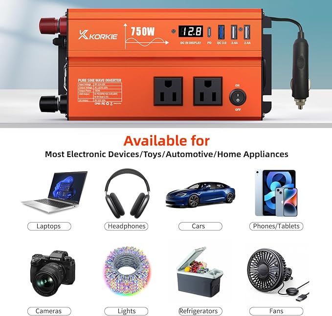 750W Pure Sine Wave Inverter, Car Power Inverter, 12V DC to 110V AC Power Converter, Emergency Power Inverter with Type-C, Dual 5.2V/2.4A USB, 3AC Outlets for Home,Camping, RV, Truck, Vehicles