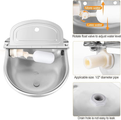 MYFAMIREA Automatic Animal Drinking Water Bowl Stainless Steel Waterer Feeder Farm Dog Dispenser Kit Self Filling for Livestock Horse Goat Water Trough with Float Valve Drain Hole Hose Adapter Bolts