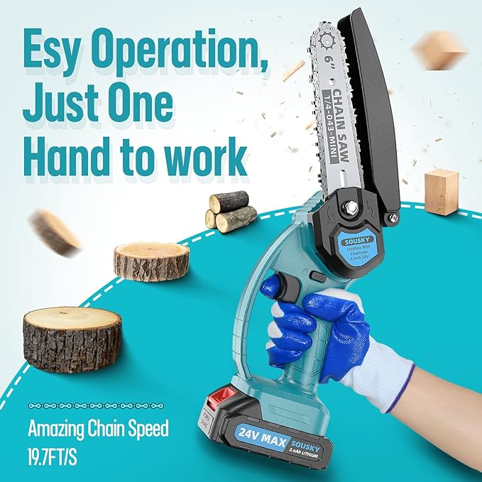 Mini Chainsaw Cordless, 6Inch Portable Small Chain Saw Battery Powered, Handheld Chainsaws with 2 * 24V 2.0MAH Powered Rechargeable Battery for Tree/Wood Cutting Trimming Craftsman Gardening Pruning