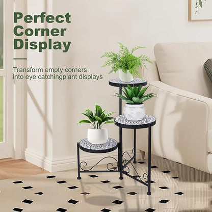 3 Tier Mosaic Plant Stand Foldable Corner Shelf for Indoor Outdoor Tall Plant Holder Display Rack for Patio Balcony Living Room Garden Decor