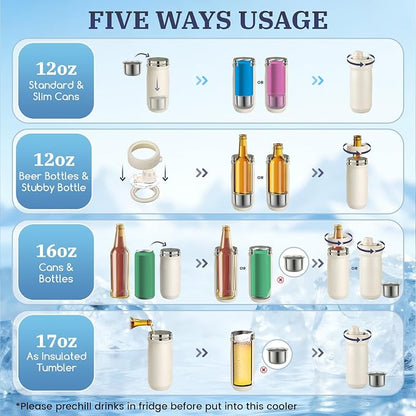 MAXSO Sealed Can Cooler Fizz Lid Can Cover for 12 oz Regular, Slim Skinny Cans & As Thermal Bottle (Ivory White, 5-in-1)