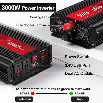 3000W Power Inverter,12V DC to AC 110V120V Peak Power 6000W with 2AC Outlets and 2.4USB Port,LCD Display Car Inverter for Outdoor Activities,Emergency