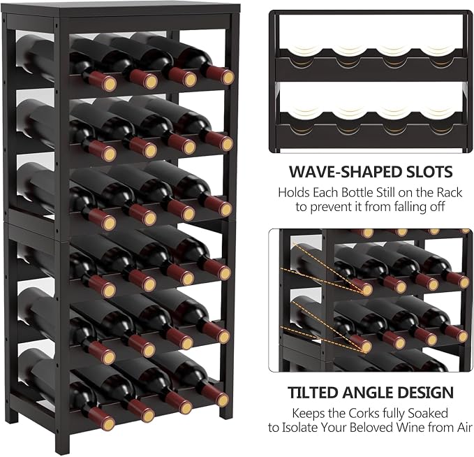 Wine Rack Free Standing Floor,6 Tier 24 Bottles Floor Wine Storage Shelves | Bamboo Wine Rack with Table Top,Wine Organizer Shelf for Kitchen Dining Room Bar,Easy-Assembly,Dark Brown